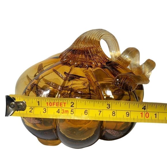 Hand Blown Art Glass Gourd Pumpkin Amber Curly Stem Gold Streaks Halloween Fall - Picture 6 of 7